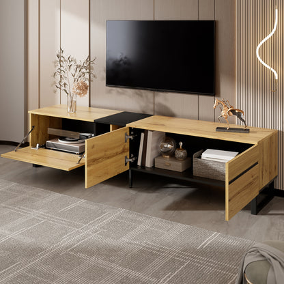 Modern TV Base Unit 180cm, featuring a lift-up storage compartment, open shelving and double doors. This minimalist TV cabinet serves as a versatile storage solution for dining, television and living room use, offering ample