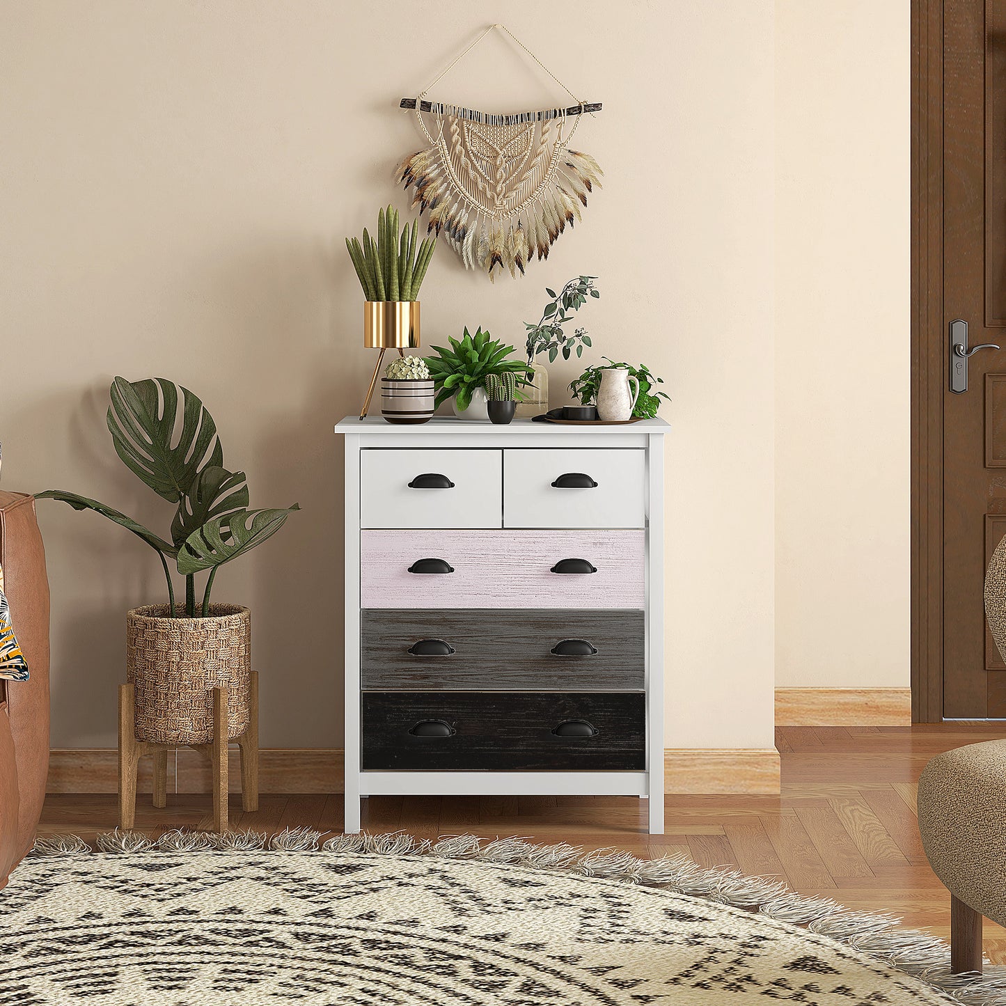 Ladekast – Dressoir – Kast – Opbergkast – Commode – Wit – 5 Lades – MDF En Dennenhout – Compact Formaat 70x38x85 cm