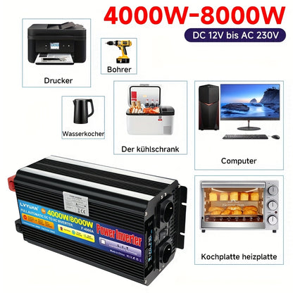 Power Inverter 12V naar 220V – Spanningsomvormer – Omvormer – Converter – Accu Omvormer – 4000W Continu Vermogen – Draadloze Afstandsbediening