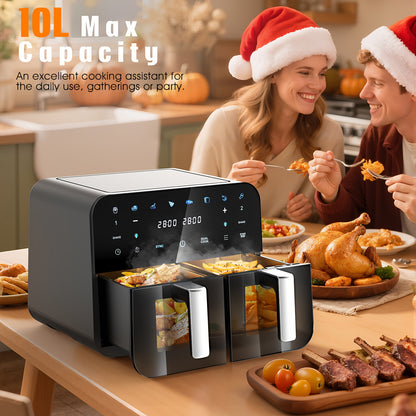 Airfryer – Heteluchtfriteuse – Gezond Frituren – Digitale Oven – Dubbele Mandjes – 10L Capaciteit – 2x 5L Mandjes – Touchscreen Met Verlichte Kijkvensters – Anti-aanbak Vaatwasserbestendig – Zwart