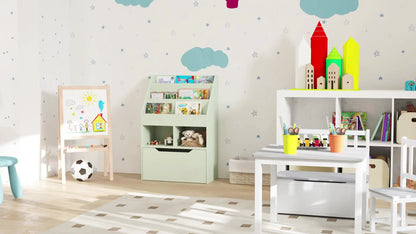 Boekenkast – Boekenrek – Opbergkast – Kastenmeubel – Kinderkast – Lichtgroen – MDF Materiaal – Multifunctionele Indeling met Lade op Wieltjes