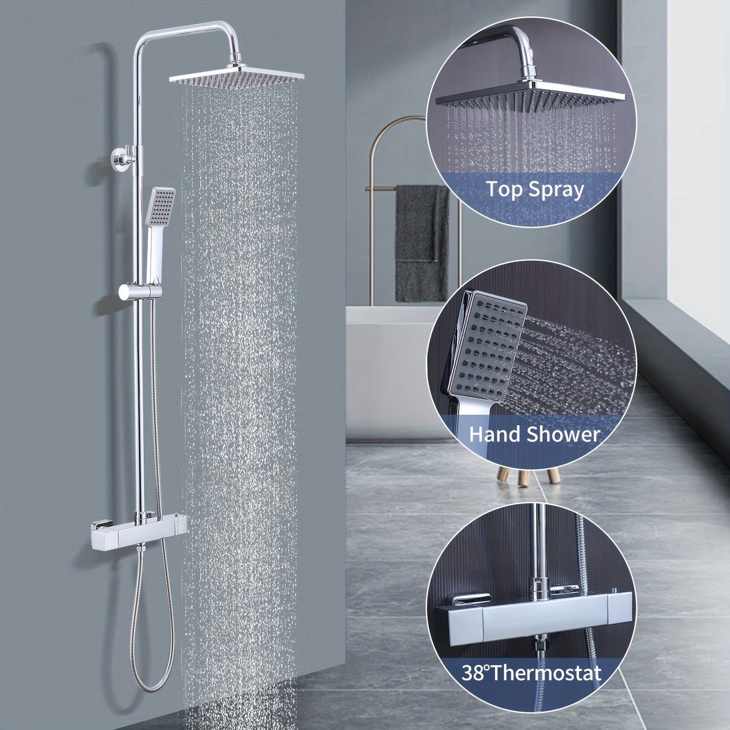 Thermostatische Douche- en Badset – Douchekraan – Mengkraan – Badmengkraan – Douchethermostaat – Roestvrij Staal – Thermostatisch Waterbeheer – Wandmontage