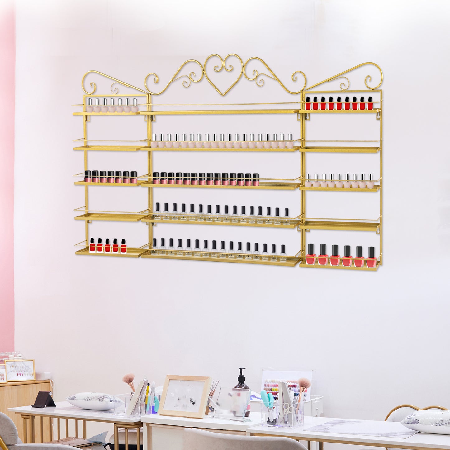 Nagellakrek – Wandrek – Opbergrek – Displayrek – Make-up Rek – Goudkleurig Smeedijzer – 5 Lagen Met 3 Stuks – Duurzaam en Ruimtebesparend