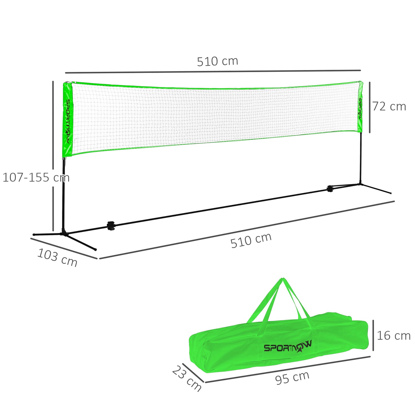 Badmintonnet – Pickleball Net – Volleyball Net – Sportnet – Multisport Set – Verstelbaar Net 107-155 cm – Duurzaam PE Materiaal