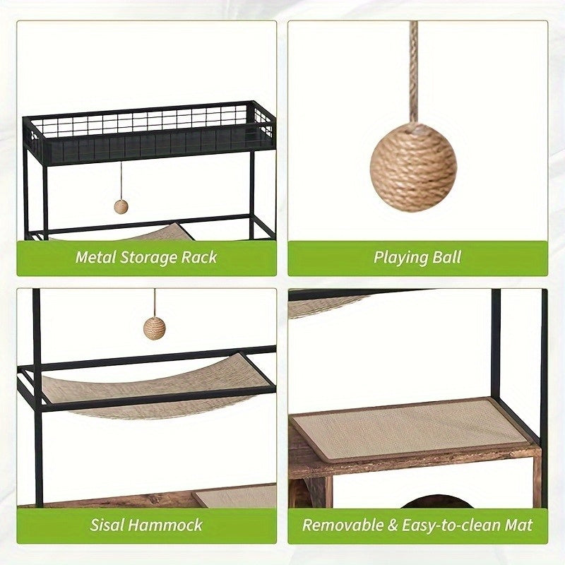 Multi-Level for cat Cabinet with Litter Box Enclosure, Metal Shelves, Hanging Bed & Play Ball - Double Door for cat House with Hidden Litter Box, Spacious for cat Cave with Entrance Tunnel - Sturdy Modern Design for Indoor fo