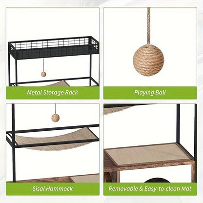 Multi-Level for cat Cabinet with Litter Box Enclosure, Metal Shelves, Hanging Bed & Play Ball - Double Door for cat House with Hidden Litter Box, Spacious for cat Cave with Entrance Tunnel - Sturdy Modern Design for Indoor fo