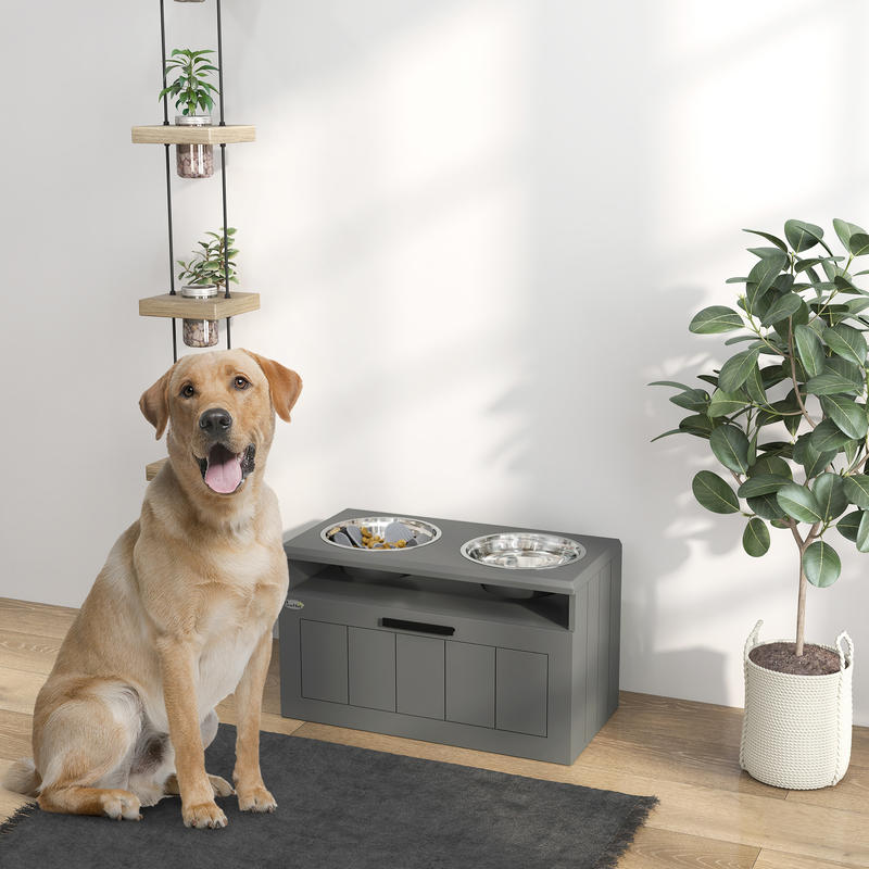 hondenvoerbak verhoogd – voerbak met standaard – dubbele voerbak hond – verhoogde voerbak met lade – verhoogde voerbak voor grote honden – 2 roestvrijstalen bakken – MDF en staal – 35,5 x 60 x 30 cm – grijs