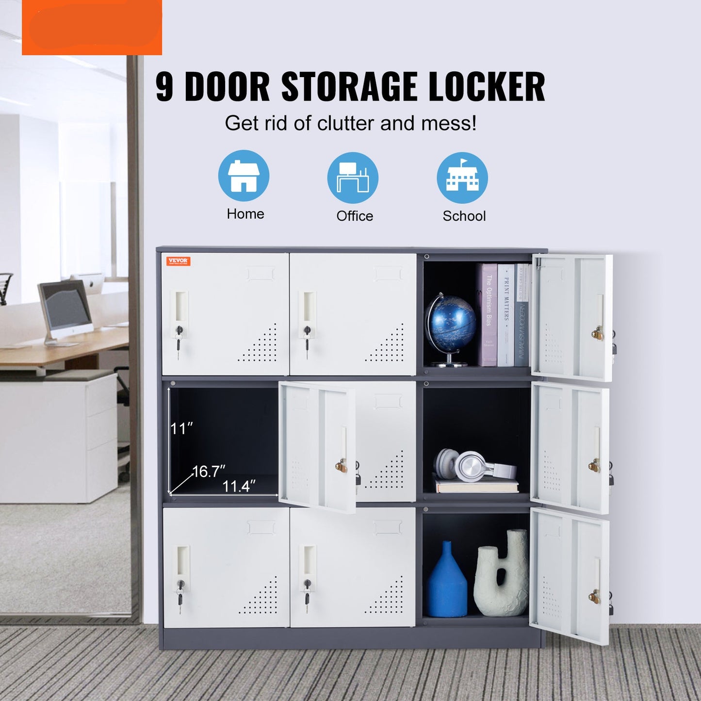 Metalen Locker – Stalen Lockers – Opslagkast – Opbergkast – Kleedkamerkast – Wit – 9 Deuren – Ventilatieopeningen – Magneetsluiting Met Sleutels