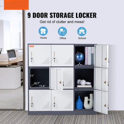 Metalen Locker – Stalen Lockers – Opslagkast – Opbergkast – Kleedkamerkast – Wit – 9 Deuren – Ventilatieopeningen – Magneetsluiting Met Sleutels