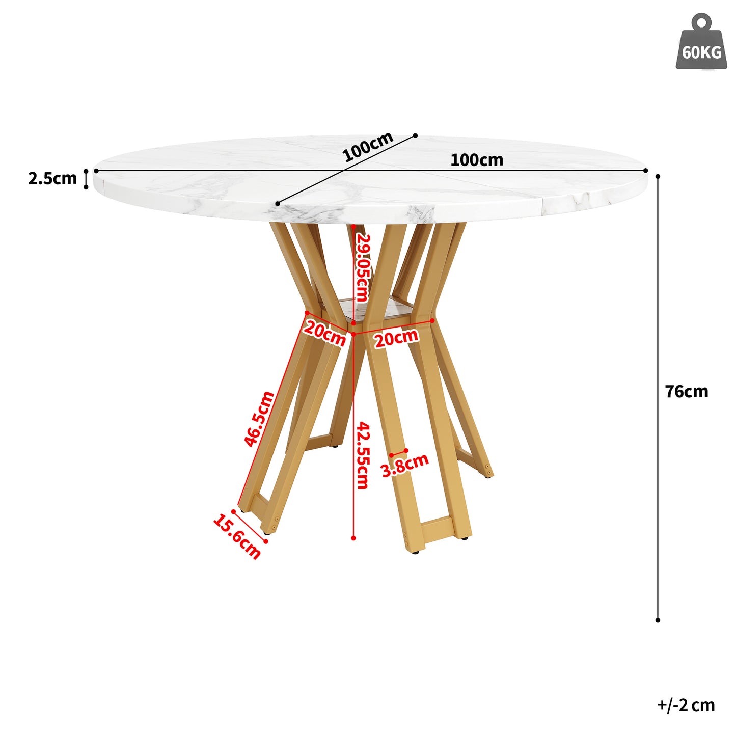 Ronde Eettafel – Ronde Tafel – Design Eettafel – Marmerlook Tafel – Keukentafel – MDF Tafelblad Marmerstructuur – Stevig Gouden Metalen Frame – 100 cm – Voor 4-6 Personen