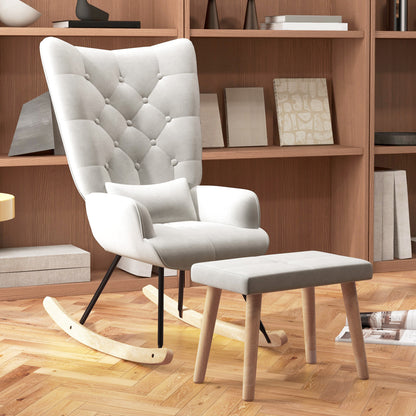 Schommelstoel – Relaxstoel – Fauteuil – Voedingsstoel – Loungestoel – Fluweel Bekleed – Hoge Rugleuning – Max. 150 kg – Inclusief Voetenbank – Crème Wit
