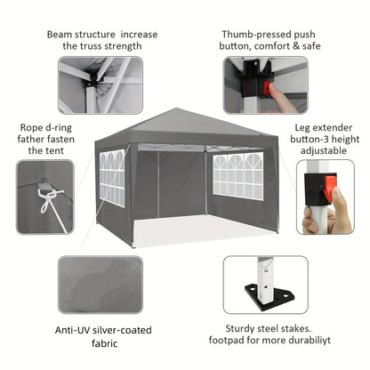 3x3m Pop-Up Canopy Tent with 4 Removable Side Walls Portable Commercial Instant Shelter Includes Carry Bag, Ropes, and Pegs Party Tent Ideal for Gardens, Festivals, Camping BBQs, Backyards, Weddings, Parties, and Outdoor Mark