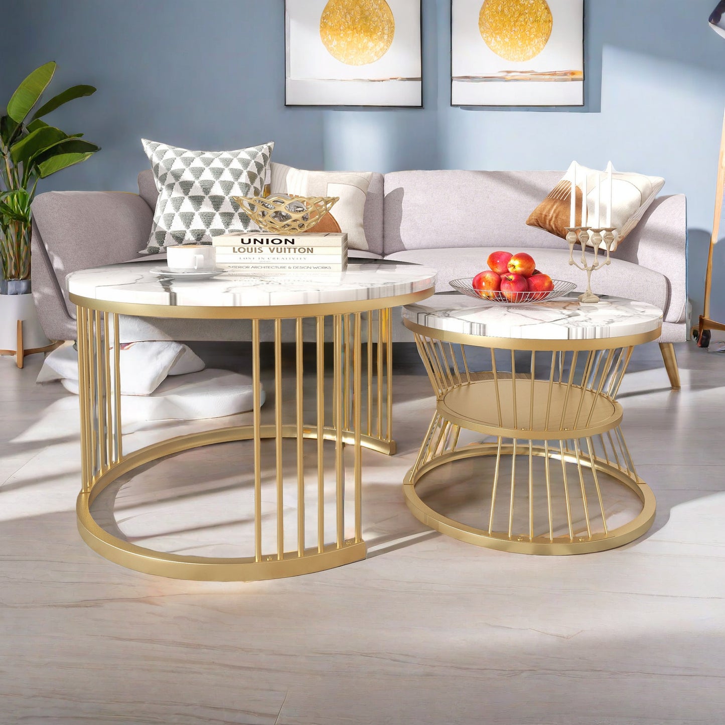 Salontafel – Koffietafel – Bijzettafel – Lage Tafel – Ronde Tafel – Set Van 2 – Marmerlook – Metaal – Groot 70x70x45 cm & Klein 45x45x40 cm