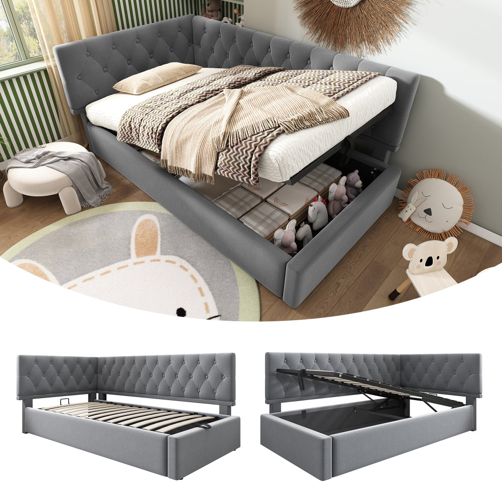 Slaapbank – Bedbank – Logeerbed – Opklapbed – Bedbankje – Hydraulische Opbergruimte – Stevig Lattenbodem Frame – 90x190 cm – Modern Gestoffeerd – Grijs