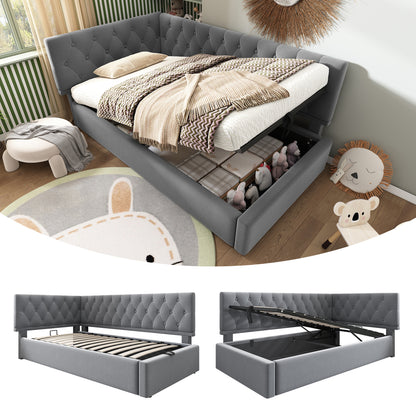 Slaapbank – Bedbank – Logeerbed – Opklapbed – Bedbankje – Hydraulische Opbergruimte – Stevig Lattenbodem Frame – 90x190 cm – Modern Gestoffeerd – Grijs