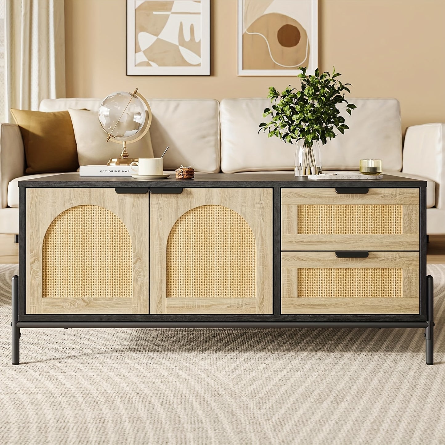 Salontafel – Koffietafel – Bijzettafel – Woonkamertafel – Banktafel – Mid-Century Modern Riet – MDF & Metaal – Verstelbare Poten