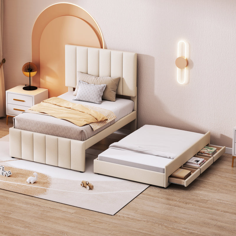 Hoogslaper – Kinderbed – Stapelbed – Zolderbed – Eenpersoonsbed – Linnen Bekleding Licht Beige – Uitschuifbaar Tweelingbed Met Opberglades – MDF En Metaal Frame