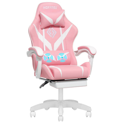 Gaming Stoel – Gaming Chair – Bureaustoel – Computestoel – Gameloungestoel – Wit Roze – Ergonomisch Design – 2-Punts Lumbale Massage