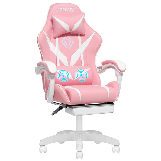 Gaming Stoel – Gaming Chair – Bureaustoel – Computestoel – Gameloungestoel – Wit Roze – Ergonomisch Design – 2-Punts Lumbale Massage