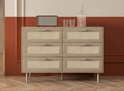 Opbergkast – Ladekast – Commode – Kast – Dressoir – 6 Lades – Rotan Geweven Front – Licht Hout – Compact Formaat – Stevige Constructie