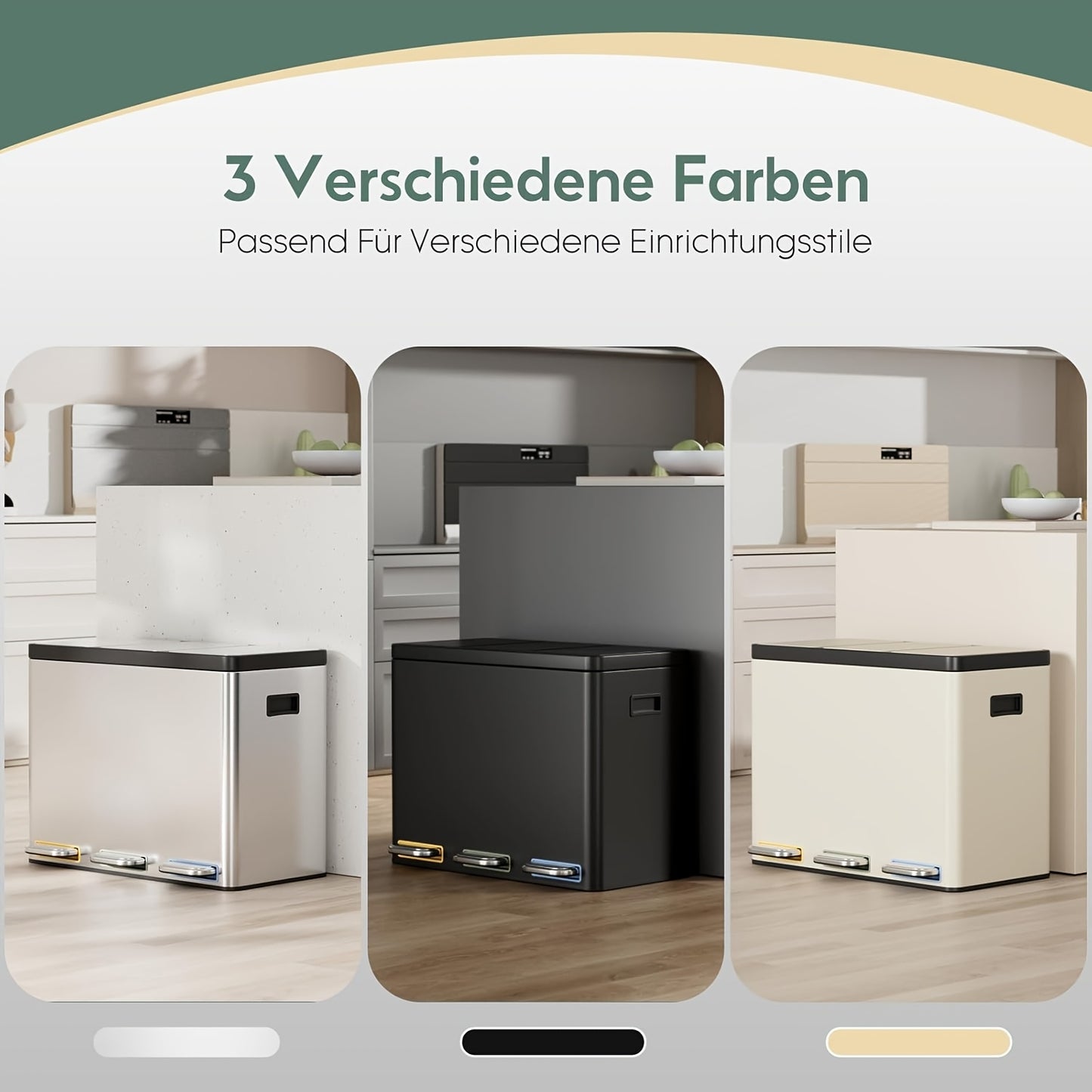 Prullenbak – Afvalbak – Afvalemmer – Pedaalemmer – Afvalscheidingsprullenbak – 45 Liter – 3 Compartimenten – Soft-Close Deksel – Voetbediening – Kunststof