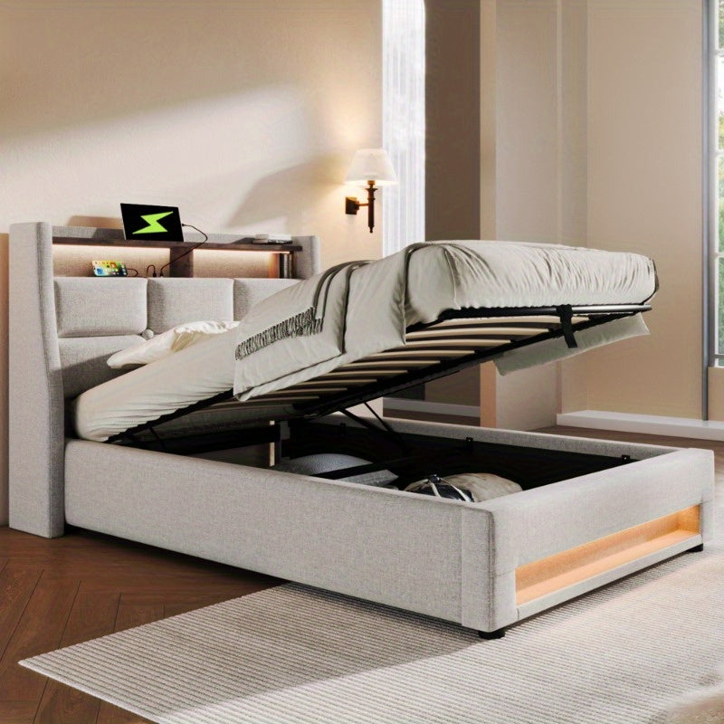 Eenpersoonsbed – 1-persoonsbed – Bed – Slaapbed – Logeerbed – Metalen Frame – Linnen Bekleding – Inclusief Matras – 90x200 cm