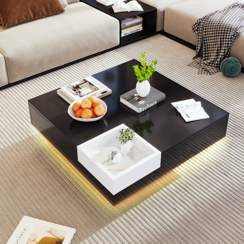 Salontafel – Koffietafel – Tafel – Woonkamertafel – Hoogglans Tafel – Verwijderbare Opbergbox – Ingebouwde Verlichting – 72x72x30 cm – Zwart/Wit