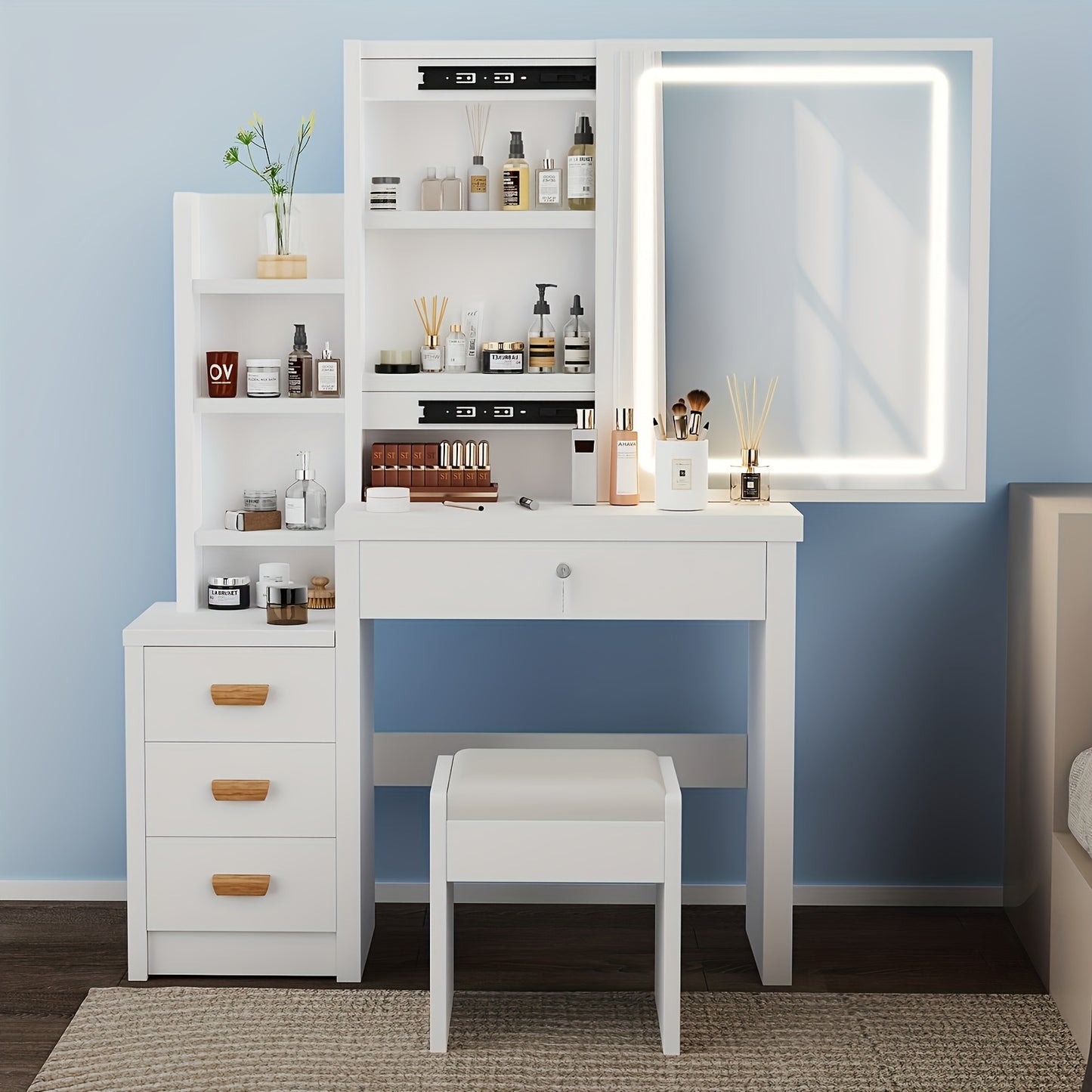Kaptafel – Make-uptafel – Schminktisch – Toilettafel – Beautytafel – Met LED-verlichting – 4 Laden en Opbergruimte – Witte Afwerking – Inclusief Spiegel en Kruk