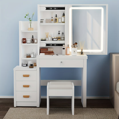 Kaptafel – Make-uptafel – Schminktisch – Toilettafel – Beautytafel – Met LED-verlichting – 4 Laden en Opbergruimte – Witte Afwerking – Inclusief Spiegel en Kruk