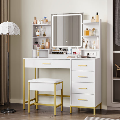 Kaptafel – Make-up Tafel – Cosmeticatafel – Dressing Table – Opbergtafel – Verstelbare LED Verlichting – 5 Lades Met USB & Stopcontact – Wit Goud Met Gewatteerde Kruk