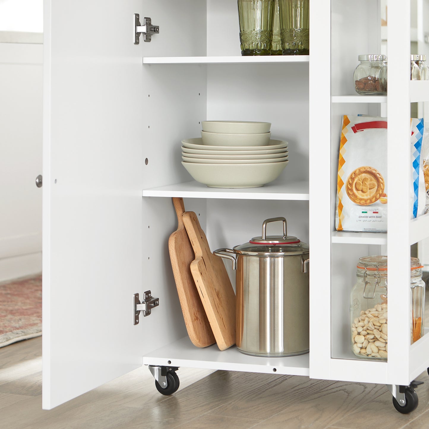 Keukenwagen – Serveerwagen – Opbergwagen – Keukentrolley – Dessertewagen – MDF en Glas – Verstelbare Planken – Mobiel met Wieltjes – Compact 60x90x40 cm