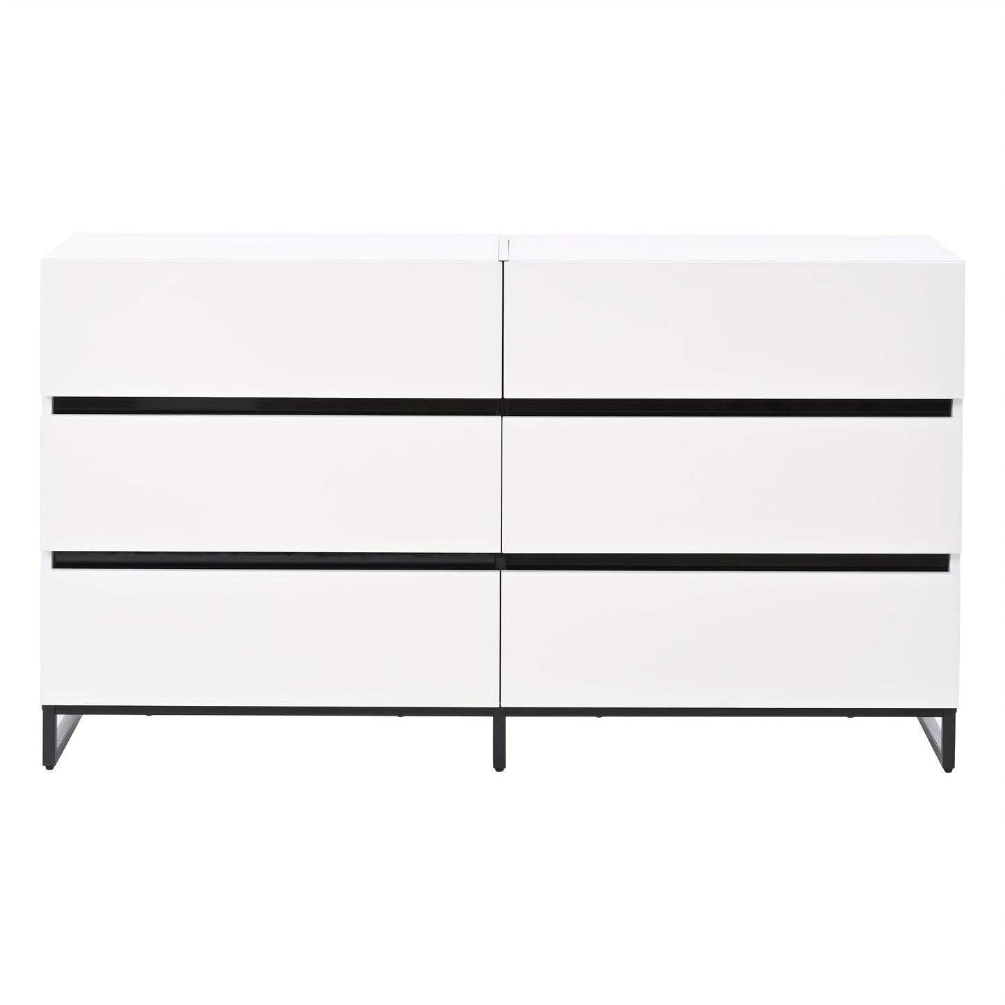 Modern White & Black Metal Living Room Sideboard Cabinet with 6-Drawer Storage - Heavy-Duty Glossy Chest of Drawers with 3 Sturdy Metal Legs, Spacious Contemporary Furniture for Home Organization, 140x39.5x78.5cm, Ideal for A
