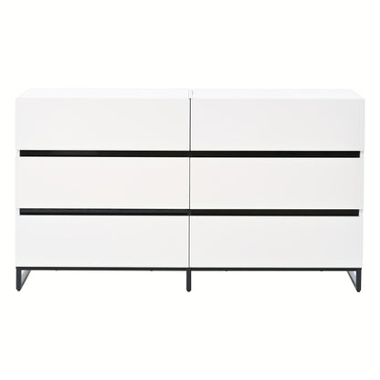 Modern White & Black Metal Living Room Sideboard Cabinet with 6-Drawer Storage - Heavy-Duty Glossy Chest of Drawers with 3 Sturdy Metal Legs, Spacious Contemporary Furniture for Home Organization, 140x39.5x78.5cm, Ideal for A