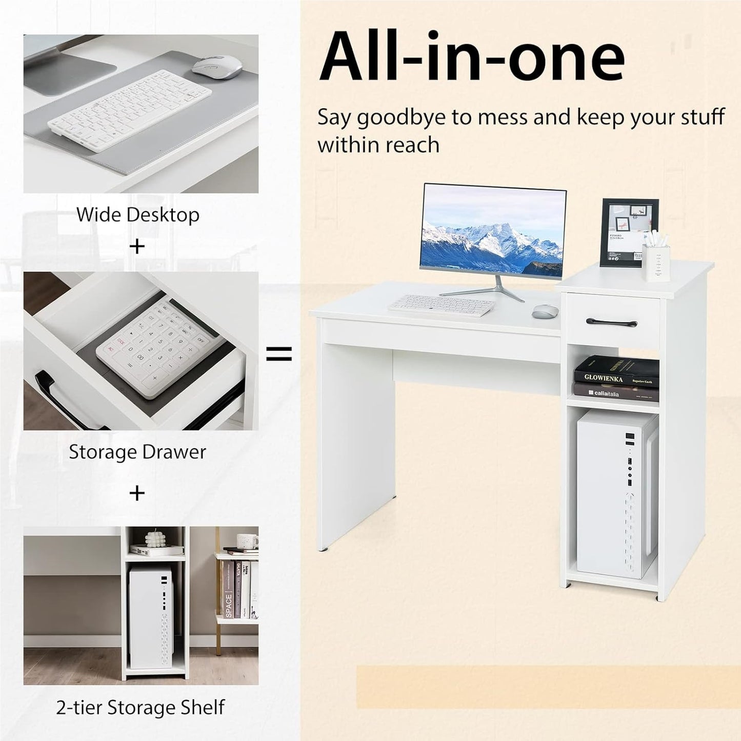 Bureau – Computertafel – Werkplek – Studietafel – Bureau met Lade – Modern Wit Design – Stevig MDF – 90 kg Draagvermogen