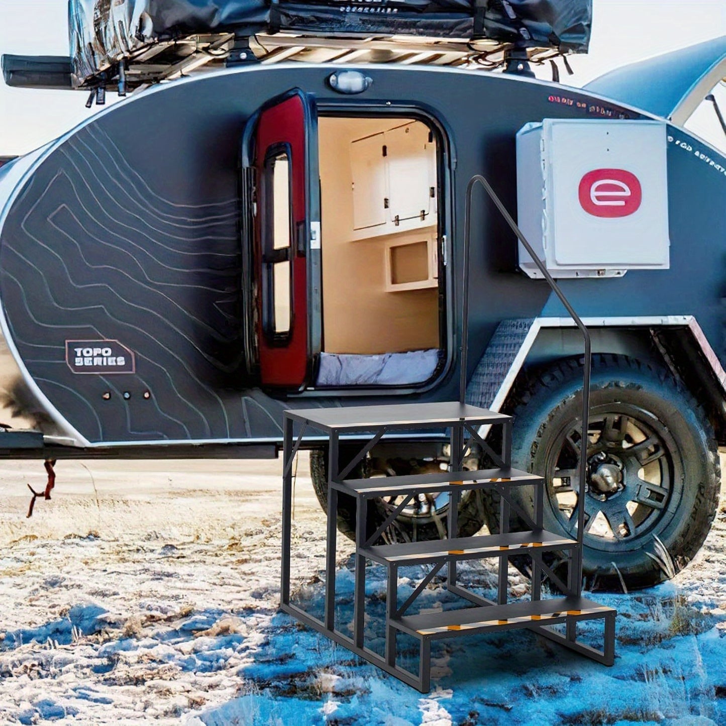 Campertrap – caravantrapje – opstapje – caravanschelp – inklapbare trap – 3 treden met leuning – staal met antislip – 299 kg draagvermogen