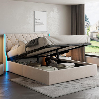 Opbergbed – Gestoffeerd Bed – Tweepersoonsbed – Opbergruimte Bed – Hydraulisch Bed – 140x200 cm – Velvet Bekleding – LED Verlichting