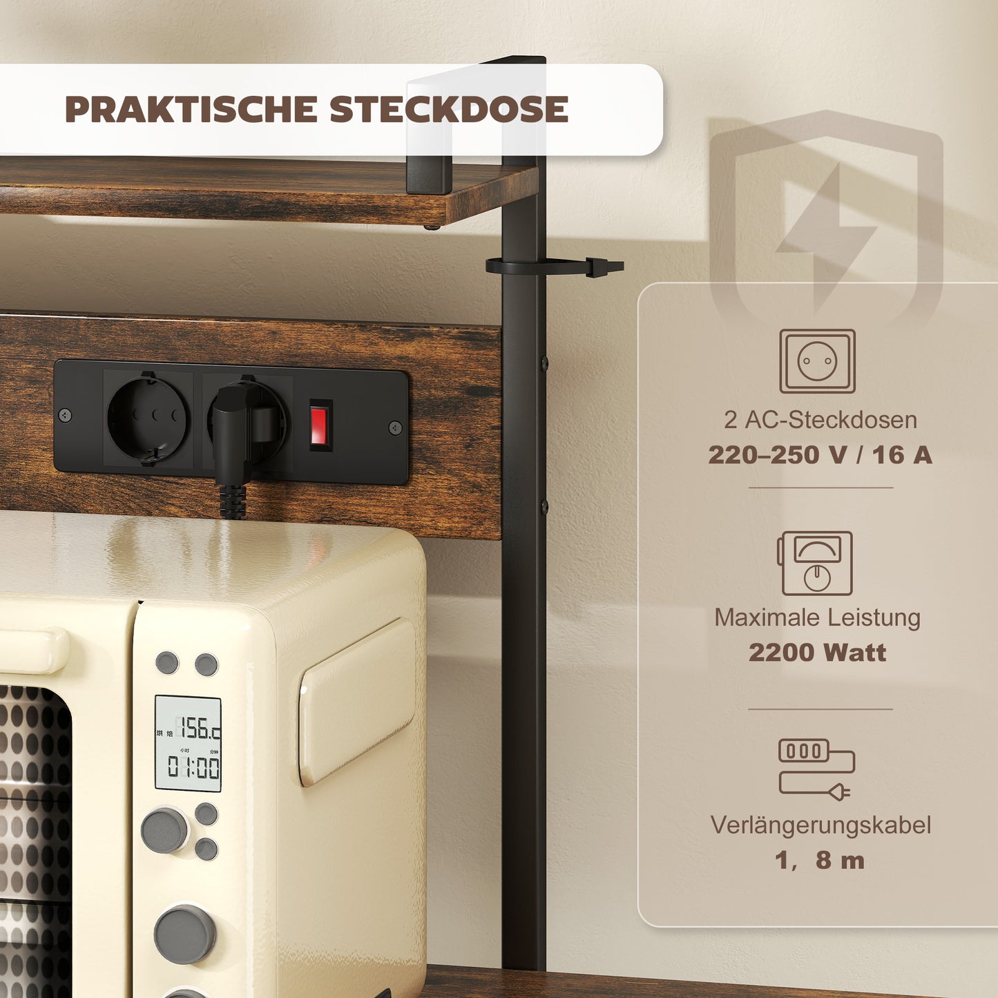 Keukenkast – Vloerkast – Opbergkast – Keukenrek – Keukenmeubel – Rustiek Bruin – 2 Stopcontacten – 5 Planken Met Mand