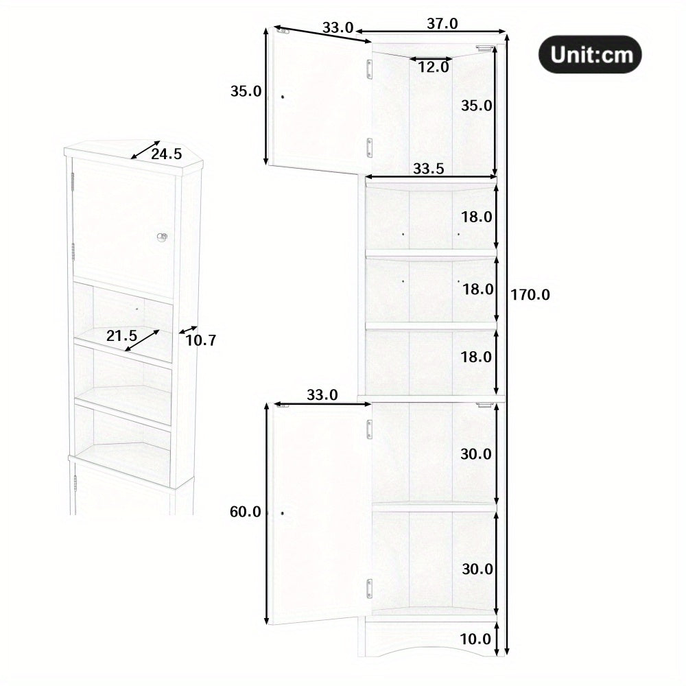Badkamerkast – Badkamermeubel – Medicijnkast – Kolomkast – Opbergkast – Driehoekig Ontwerp – 36,5x24,5x170cm – Vochtbestendige Verf – Verstelbare Planken – Wit