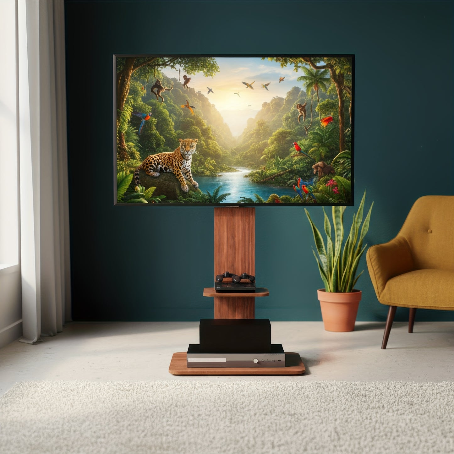 Zware TV-Standaard – Voor 32–65 Inch Schermen tot 39,9 kg – Verstelbare Vloermontage (130–152 cm), Houten & Metalen Frame met Opslagplank