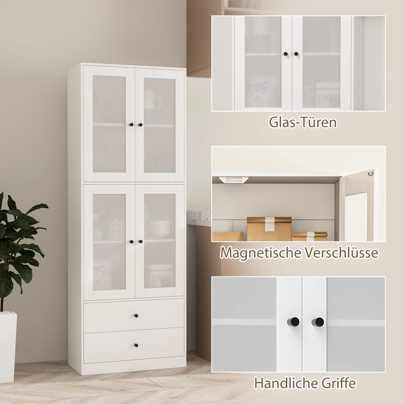 Kitchen Cabinet with Drawers And Glass Doors, Melamine Surface, White