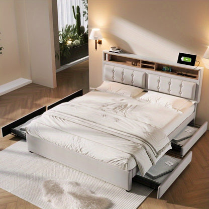Bedkast – Tweepersoonsbed – Nachtkastje – Opbergbed – Slaapkamerkast – Verstelbaar Stoffen Hoofdbord – 4 Ruime Lades – 160x200 cm – Zonder Matras
