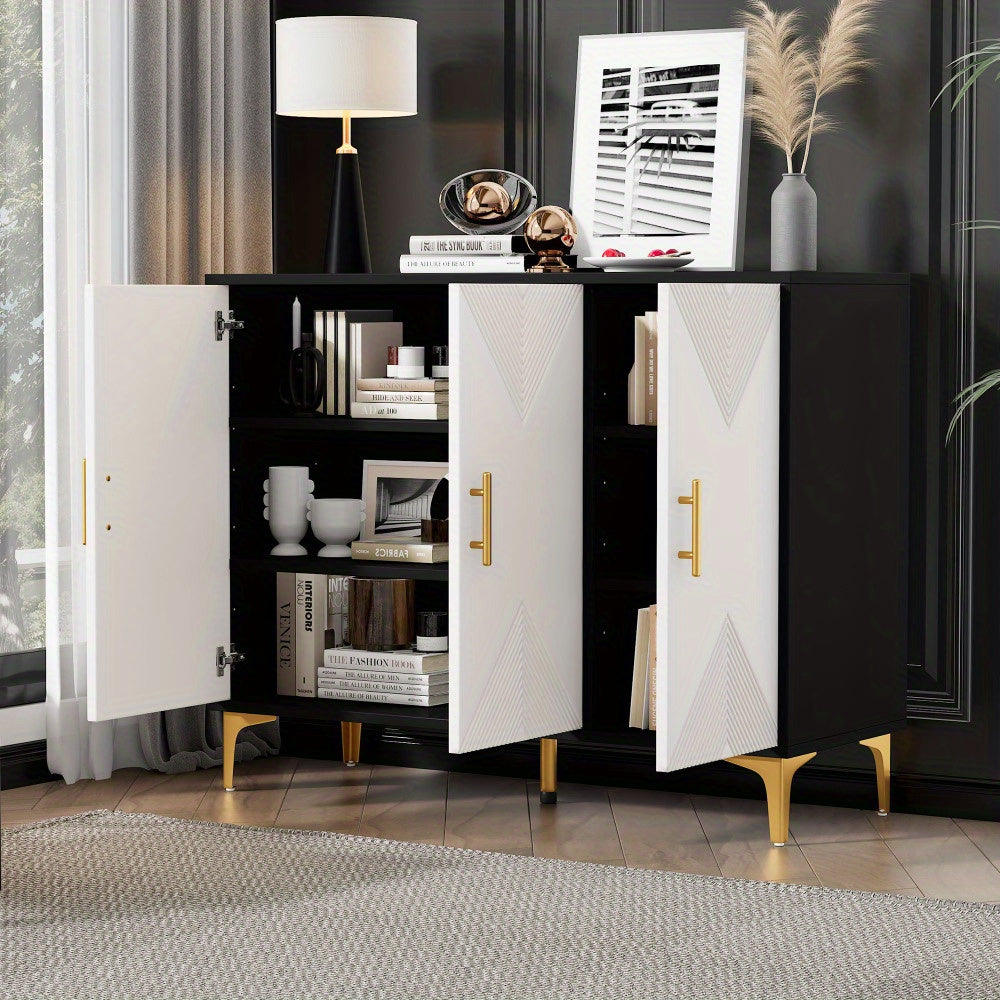 Dressoir – Opbergkast – Ladekast – Buffetkast – Sideboard – Mat Wit Gestreept – Gouden Handgrepen – Hardhout & Spaanplaat – Ruime Opbergruimte – Bohemian Design