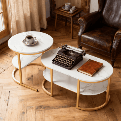 Ronde Salontafel Set – Bijzettafel – Sofa Tafel – Nestbare Tafels – Marmerlook – MDF Metalen Poten – Ruimtebesparend Design – Gouden Variant