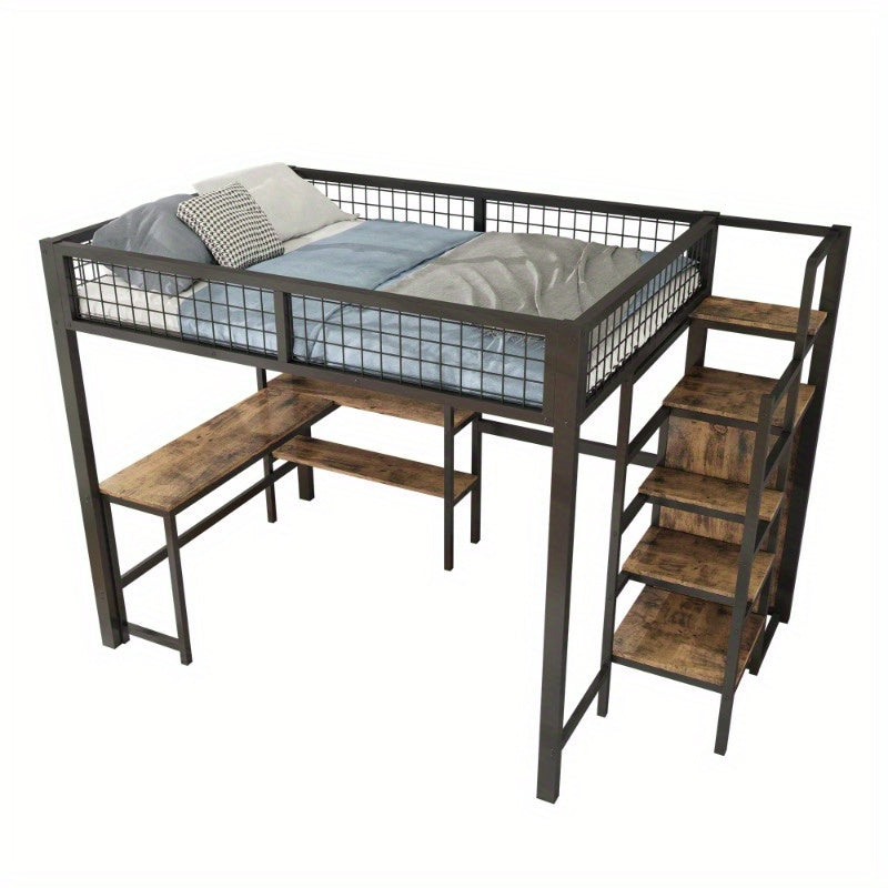 Hoogslaper – Stapelbed – Bedbank – Mezzanine Bed – Bed met Kast – Zwart + Bruin – 140x200 cm – Met Stabiel Metalen Frame