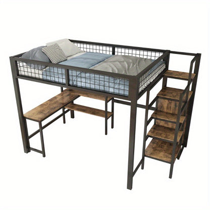 Hoogslaper – Stapelbed – Bedbank – Mezzanine Bed – Bed met Kast – Zwart + Bruin – 140x200 cm – Met Stabiel Metalen Frame