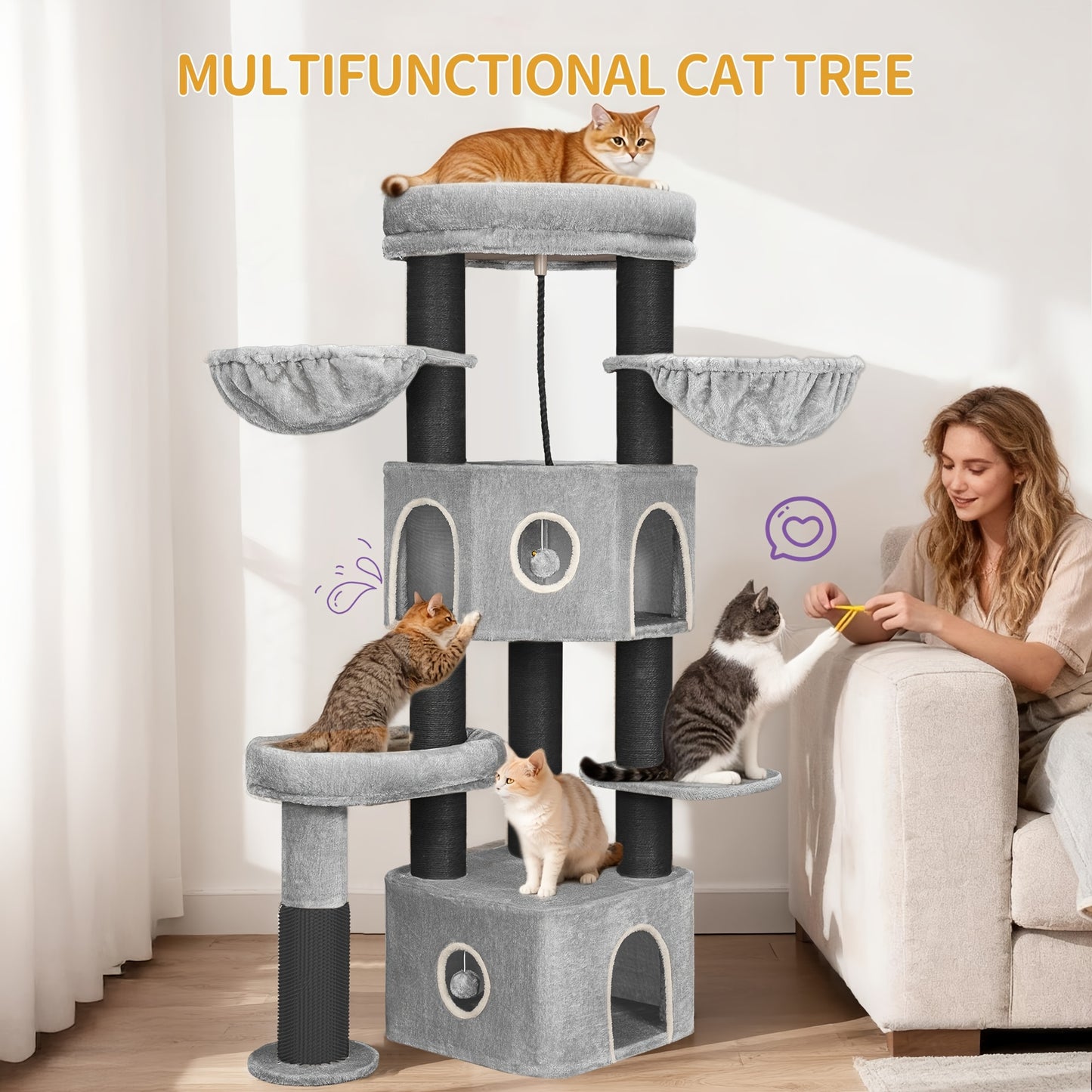 Krabpaal – Kattenboom – Kattenmeubel – Kattentoren – Krabton – 163 cm Hoog – Extra Stevige Sisal Palen voor Grote Katten