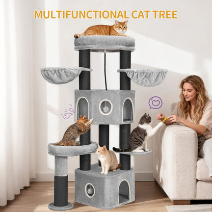 Krabpaal – Kattenboom – Kattenkrabpaal – Krabmeubel – Kattentoren – 163 cm Hoog – 11 cm Dikke Sisalpalen – Met 2 Holletjes en Ruim Speelplatform – Lichtgrijs Beige