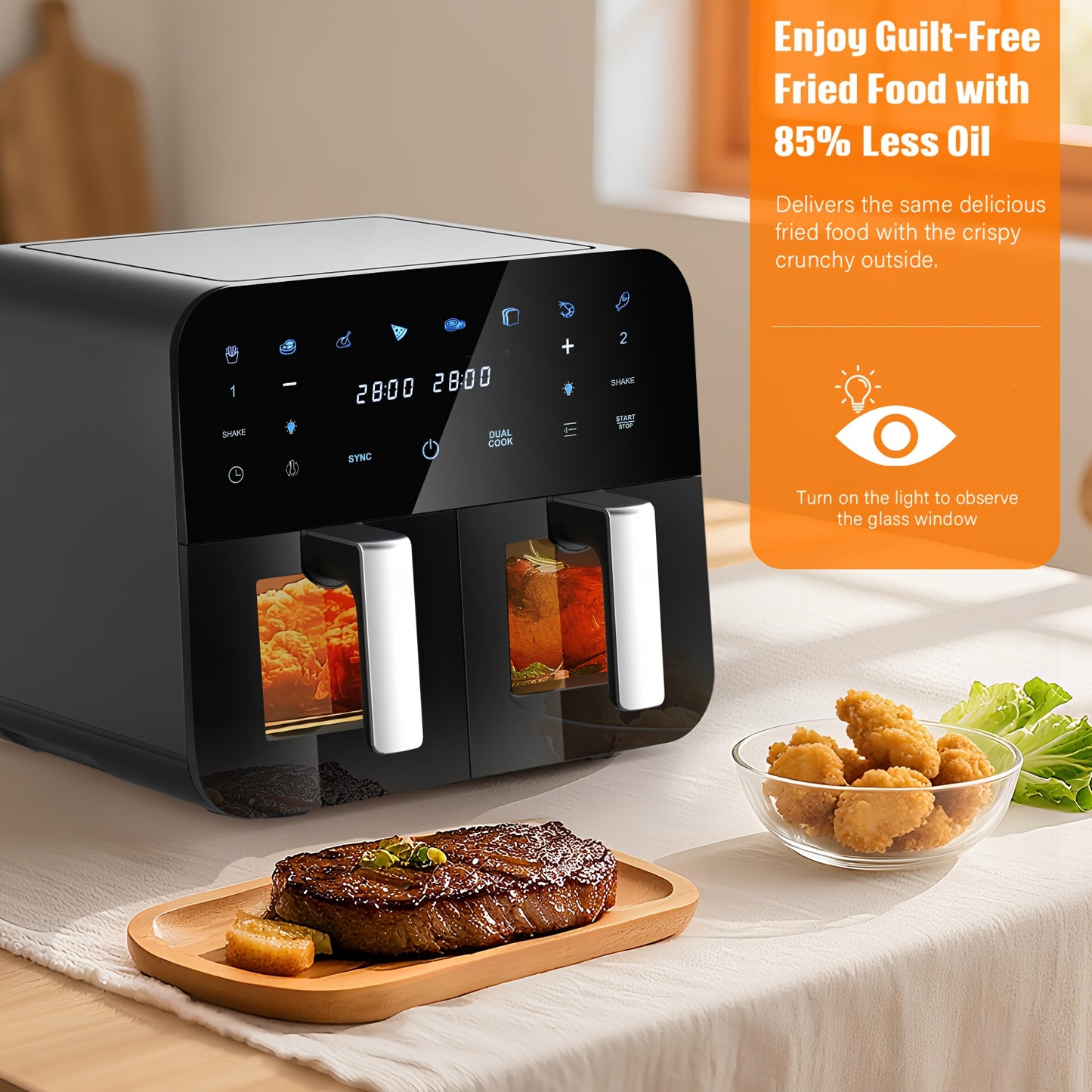 Airfryer – Heteluchtfriteuse – Dubbele Airfryer – Airfryer Met Venster – XXL Airfryer – 10L Capaciteit – 304 RVS – 2400W Power
