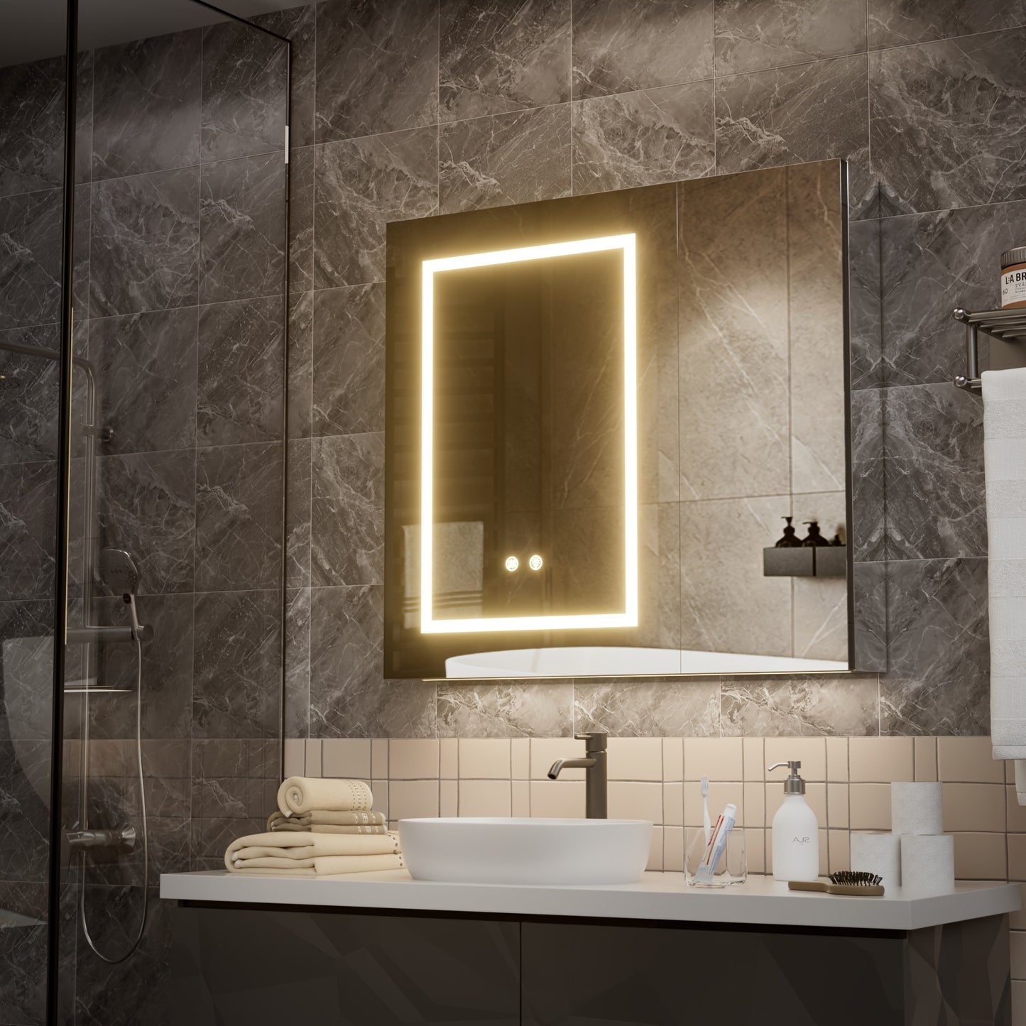 Spiegelkast – Badkamerkast – Kast Met Spiegel – Wandkast – Opbergkast – Champagne Wit Met Gouden Accenten – Asymmetrische Dubbele Deuren – Verstelbare Glazen Planken