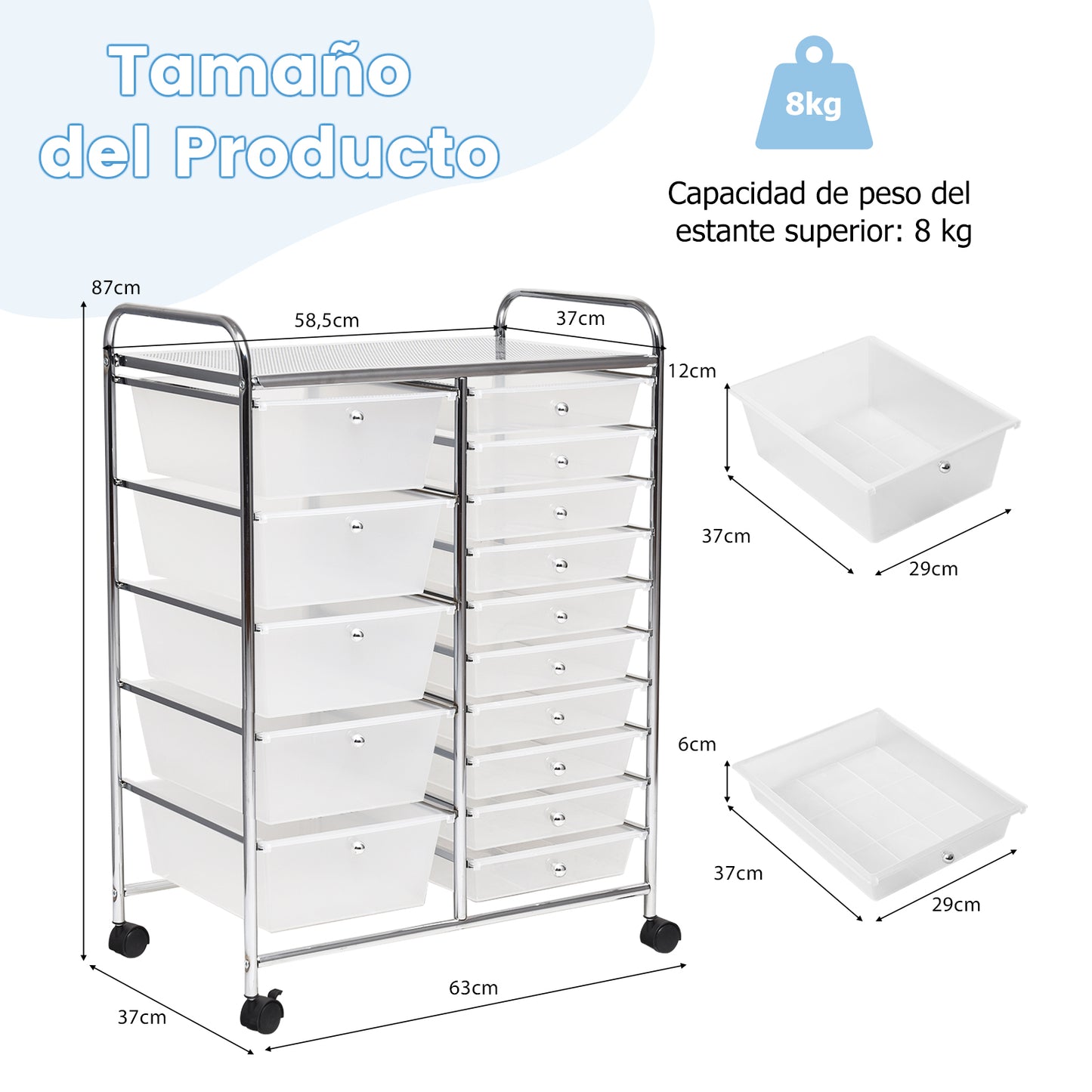 Opbergtrolley – Opbergwagen – Keukentrolley – Serveerwagen – Opbergrek – 15 Laden – Stalen Frame – Lockbare Wielen